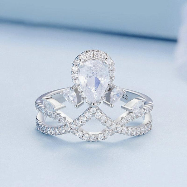 BSR368 S925 Sterling Silver Water Drop Crown White Gold Plated Zircon Ring(No.7)