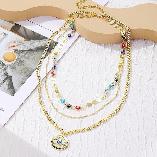 Angel Eyes Pendant Layered Necklace, Model: N2210-4 3 Layer Colorful Eyes