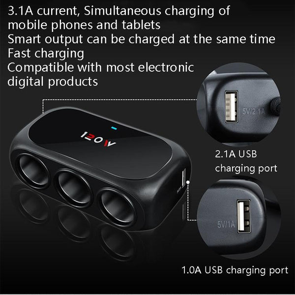 Car Charger Cigarette Lighter 1 In 3 Mobile Phone USB Car Charger(White)