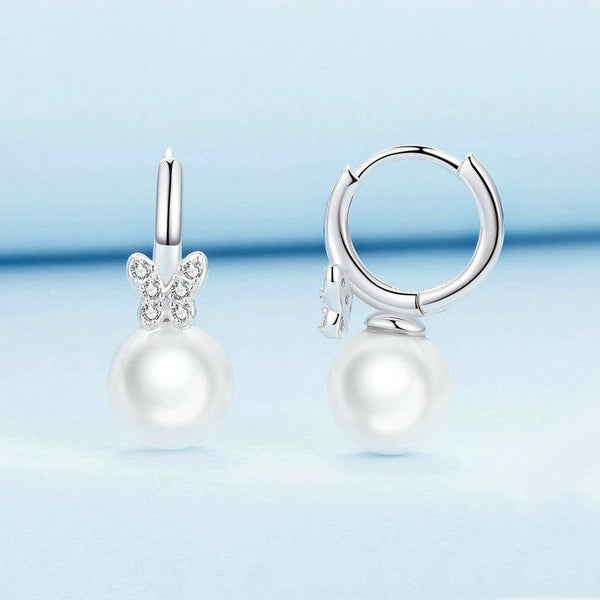 BSE760 Sterling Silver S925 Butterfly Shell Beads White Gold Plated Zirconia Earrings