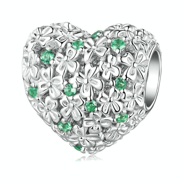 BSC760 S925 Sterling Silver Lucky Heart Green Zircon Clover Beads