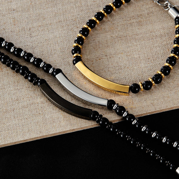 OPK GS1552 Stainless Steel Onyx Beaded Bracelet, Color: Black