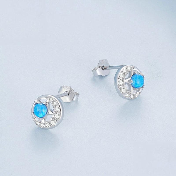 BSE746 Sterling Silver S925 White Gold Plated Zirconia Opal Star and Moon Earrings