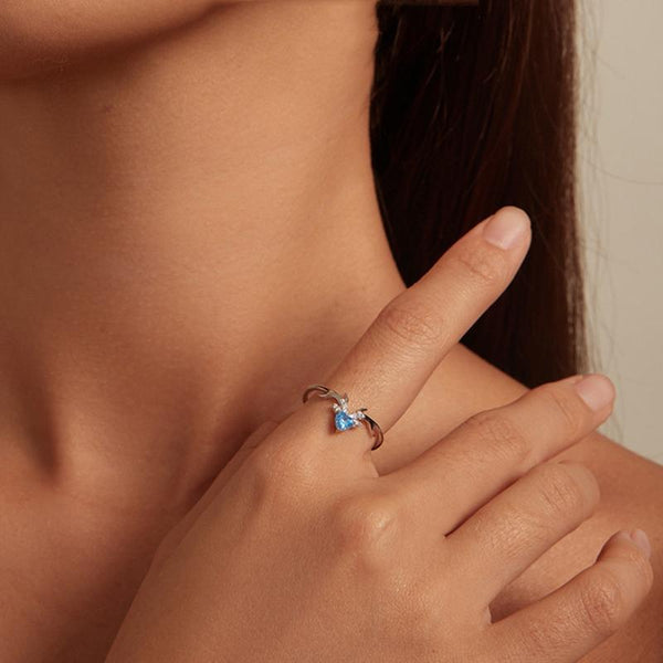 BSR338 Sterling Silver S925 White Gold Plated Blue Heart Deer Zirconia Ring(No.7)