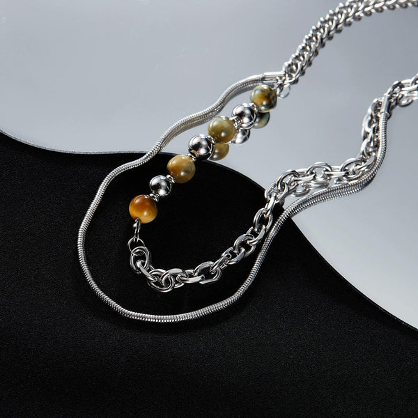 OPK GX2414 Personalized Simple Stainless Steel Double Layer Chain Splicing Tiger Eye Stone Necklace