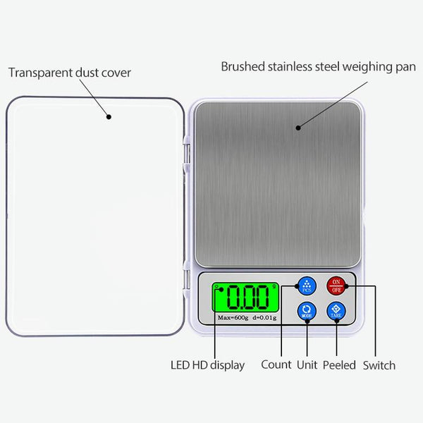 MH-555 600g x 0.01g High Accuracy Digital Electronic Portable Kitchen Scale Balance Device with 2.2 inch LCD Screen