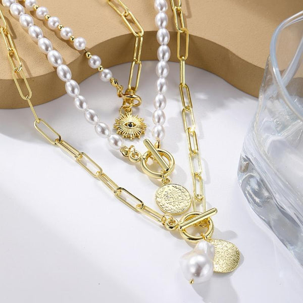 Angel Eyes Pendant Layered Necklace, Model: N2211-14 3 Layer Pearl Chain