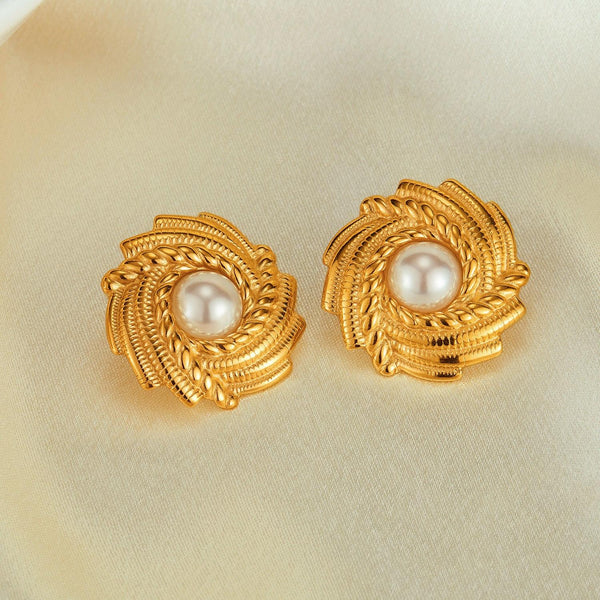 OPK GE908 1pair Vintage Stainless Steel Textured Earrings Personalized Pearl Earrings