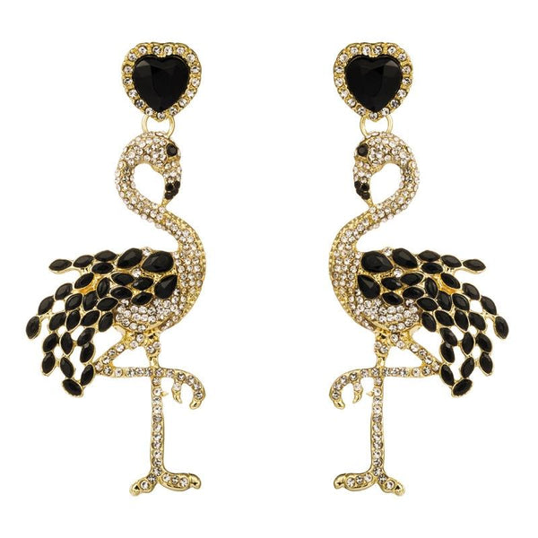 1 Pair Creative Flamingo Earrings Womens Long Earrings With Rhinestones(Black)