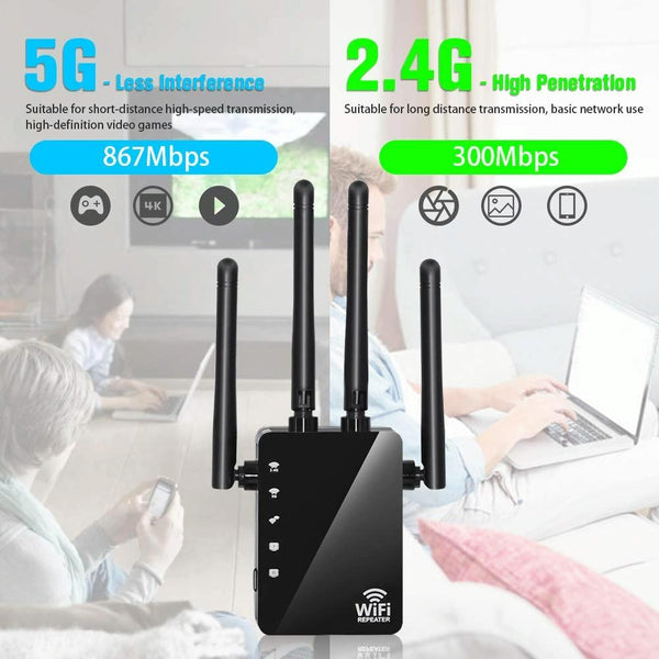 5G/2.4G 1200Mbps WiFi Range Extender WiFi Repeater With 2 Ethernet Ports EU Plug Black