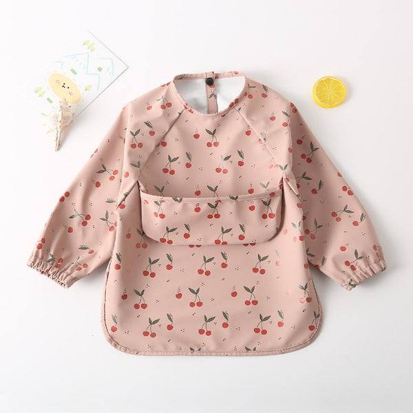 Long Sleeved Baby Soft PU Bib Waterproof Washable Easy Clean Smock With Pocket, Size: L(Leaf Cherry)