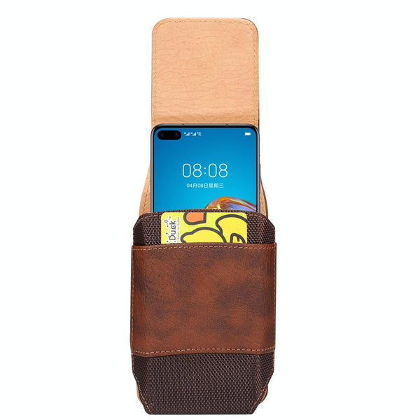 For 5.2 inch Mobile Phone Cowhide Texture Oxford Cloth Waist Bag(Brown)