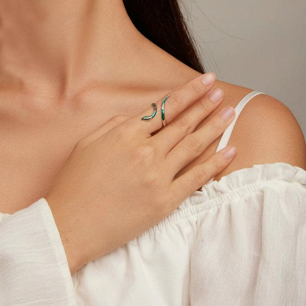 BSR328 Sterling Silver S925 White Gold Plated Oil Drop Zirconia Green Snake Ring(Open Adjustable)