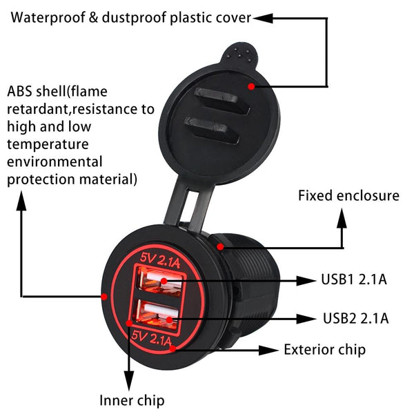 Universal Car Dual USB Charger Power Outlet Adapter 4.2A 5V IP66 with Aperture + 60cm Cable(Red Light)