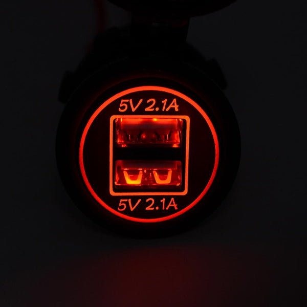 Universal Car Charger 2 Port Power Socket Power Dual USB Charger 5V 4.2A IP66 with Aperture(Red Light)