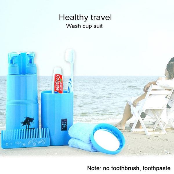 Creative 5 in 1 Portable Gargle Cup Shampoo Sub-Bottle Comb Make-up Mirror Travel Wash Kits, Standard Sets(Khaki)
