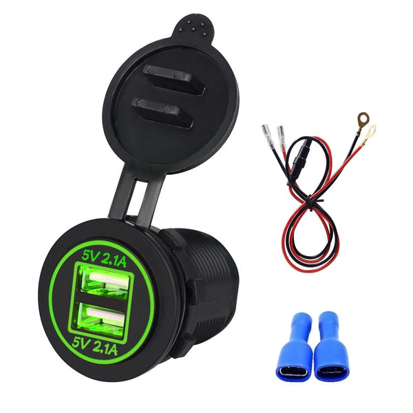 Universal Car Dual USB Charger Power Outlet Adapter 4.2A 5V IP66 with Aperture + 60cm Cable(Green Light)