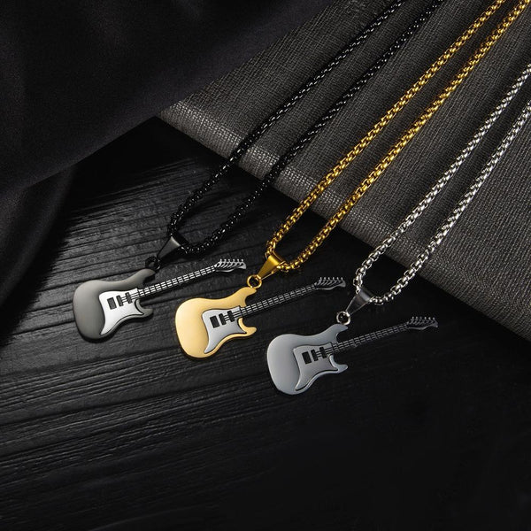 OPK 1989 Personality Stainless Steel Guitar Pendant Titanium Steel Necklace, Color: Steel Color Pendant+0.3x55cm Pearl Chain