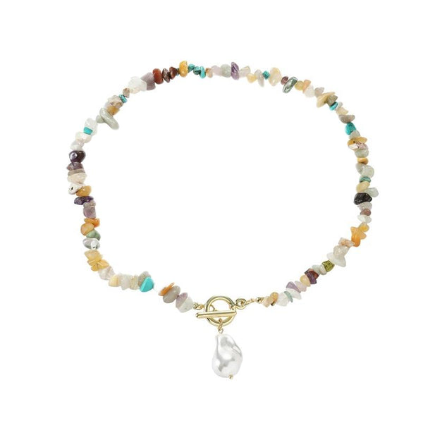 Boho Colorful Broken Natural Stone Necklace, Model: N2206-10 Multi-color Stone