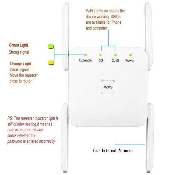 1200Mbps 2.4G / 5G WiFi Extender Booster Repeater Supports Ethernet Port Black UK Plug