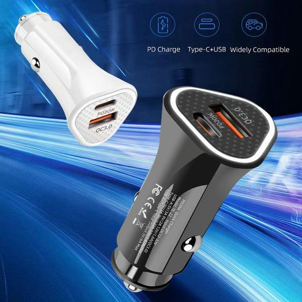 PD + QC3.0 Car 2 in 1 Triangle Fast Charger Car Cigarette Lighter(White)