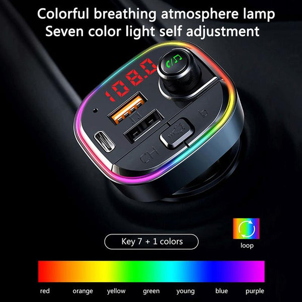 C13 Multifunctional Car Dual USB PD Fast Charger Bluetooth FM Transmitter with Atmosphere Light
