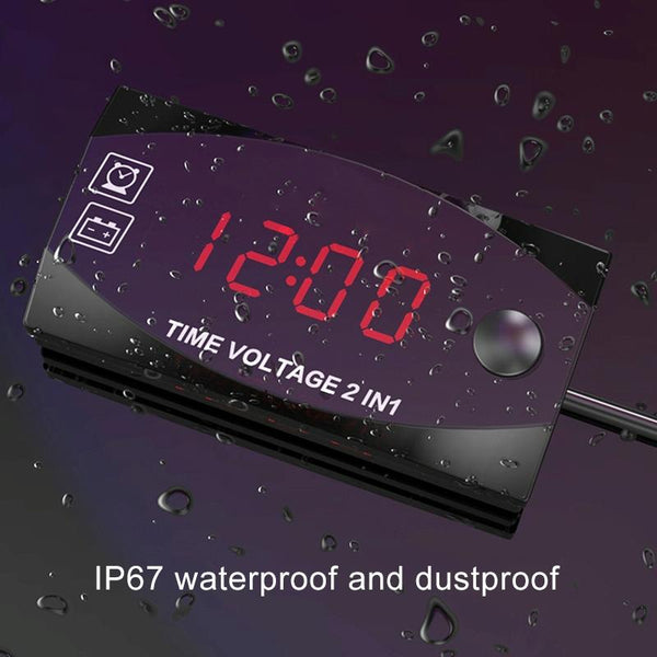 Motorcycle Multi-functional 2 in 1 Digital Display Voltmeter + Electronic Clock, 6-30V IP67 (Red Light)