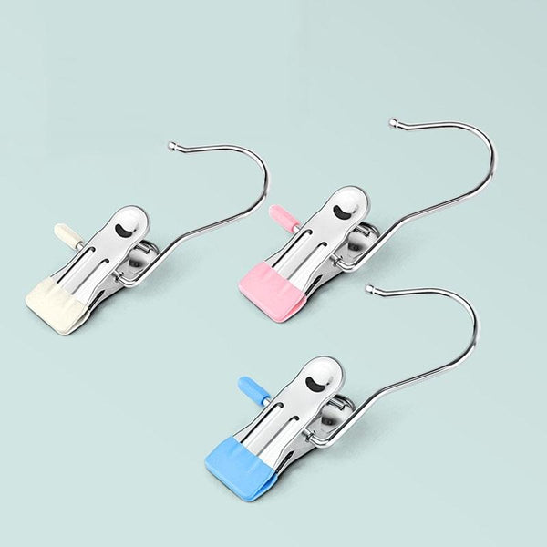 5pcs /Pack Stainless Steel Flat Clip With Hook Anti-Scratch Catch Laundry Drying Holder(Blue)
