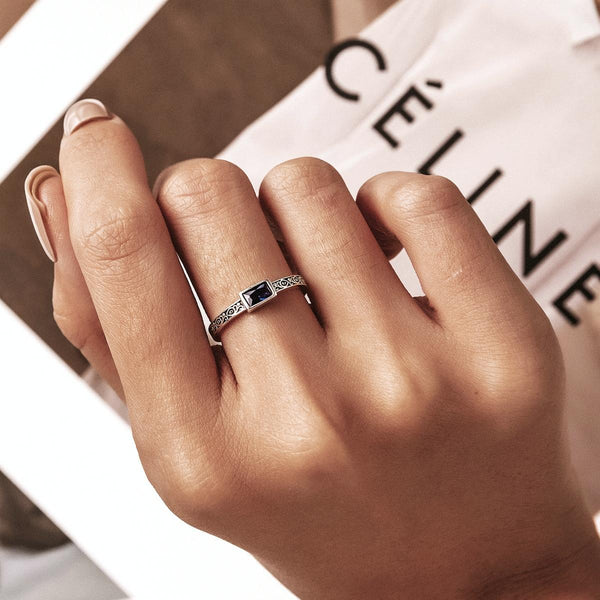 S925 Sterling Silver Retro Flower Square Zircon Women Open Ring