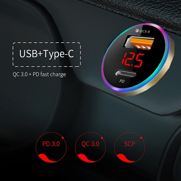 Aluminum Alloy Digital Display PD+QC3.0 Car Charger Multifunctional Car Charger( Gold)