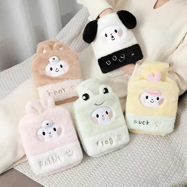 1L Hot Water Bag Dual Hands Plush Cute Hand Warmer, Style: Black and White Puppy