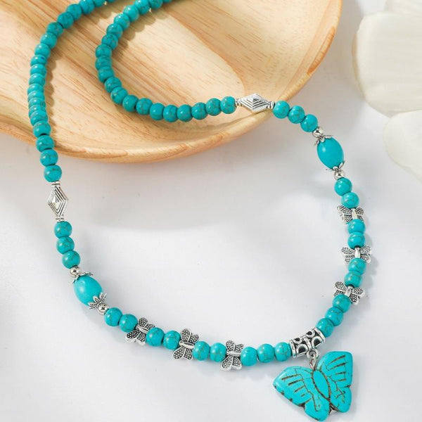 Bohemian Turquoise Natural Stone Sweater Vintage Pendant, Model: N2203-14 Butterfly Model