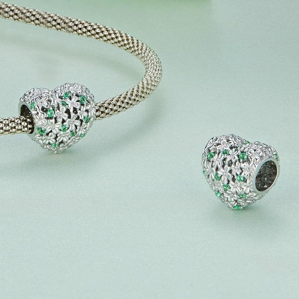 BSC760 S925 Sterling Silver Lucky Heart Green Zircon Clover Beads