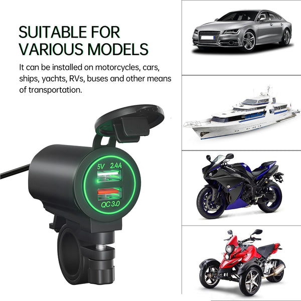 ZH-723F3 Car / Motorcycle QC3.0 Cell Phone Fast Charging Dual USB Car Charger(Green Light)