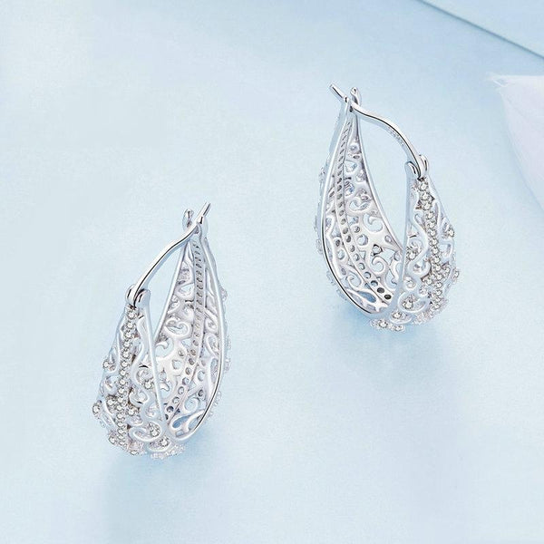 BSE753 Sterling Silver S925 White Gold Plated Openwork Pattern Zirconia Earrings