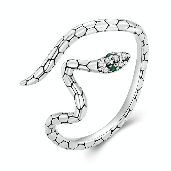 BSR347 Sterling Silver S925 Zirconia Wrapped Spirit Snake Snake Open Ring