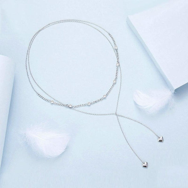 S925 Sterling Silver Platinum Plated Heart Shaped Double Sweater Necklace