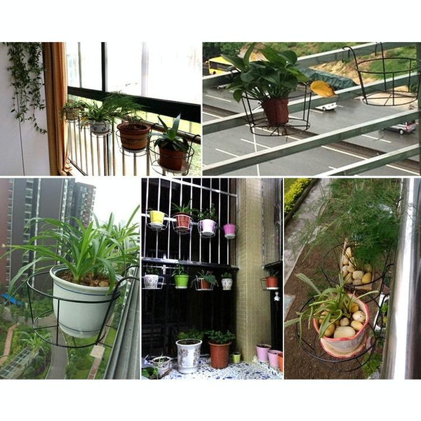 Balcony Fence Round Metal Flower Stand Wrought Iron Wall-mounted Flower Pot Stand, Size:M(White)