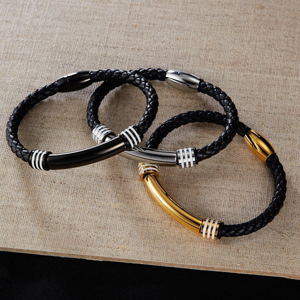 OPK PH1586 Simple Men Leather Bracelet Stainless Steel Magnetic Insert Buckle Bracelet, Color: Gold