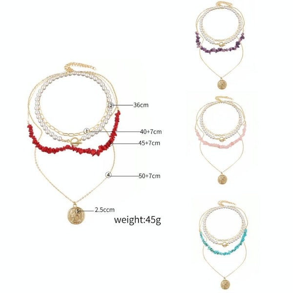 Boho Colorful Broken Natural Stone Necklace, Model: N2105-17 Purple Stone