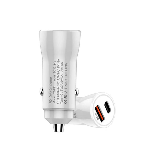 P21 Portable PD 20W + QC 3.0 18W Dual Ports Fast Car Charger(White)