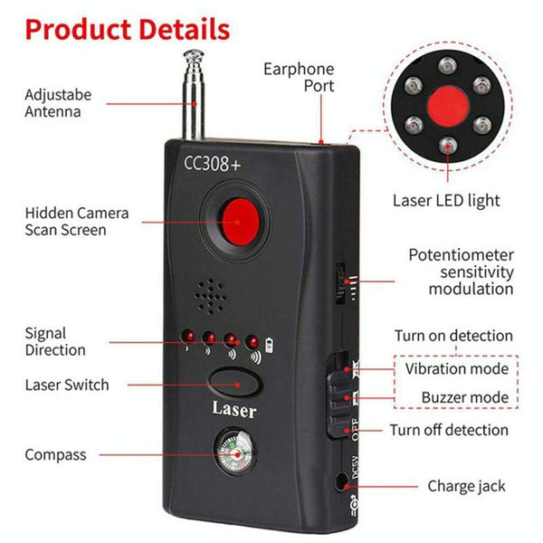 CC308+ RF Detector: Anti-Spy Bug Finder & Camera Lens Detector (EU Plug)