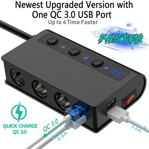 TR24 3 In 1 Car Cigarette Lighter Independent Switch Charger(Black)