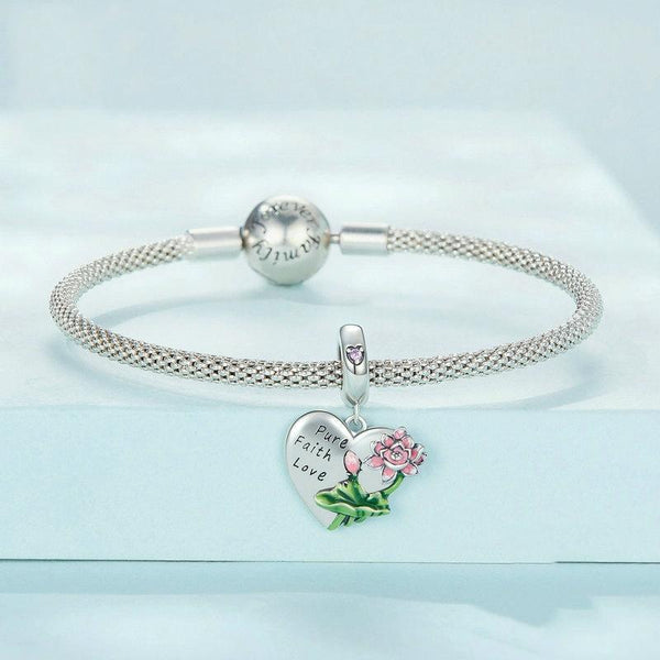 SCC2417 Sterling Silver S925 Lotus Flower Love Zirconia Engraved Bracelet Charm Bead