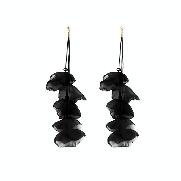 Long Exaggerated Fabric Art Handmade Petal Earrings, Color: E1908-29 Black