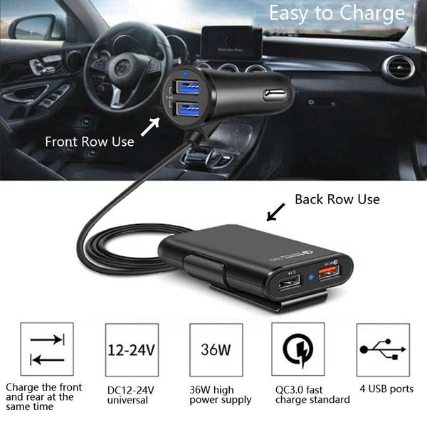One For Four 8A Car Charger QC3.0 Fast Charge 4USB Car Front And Rear Seat Car Charger
