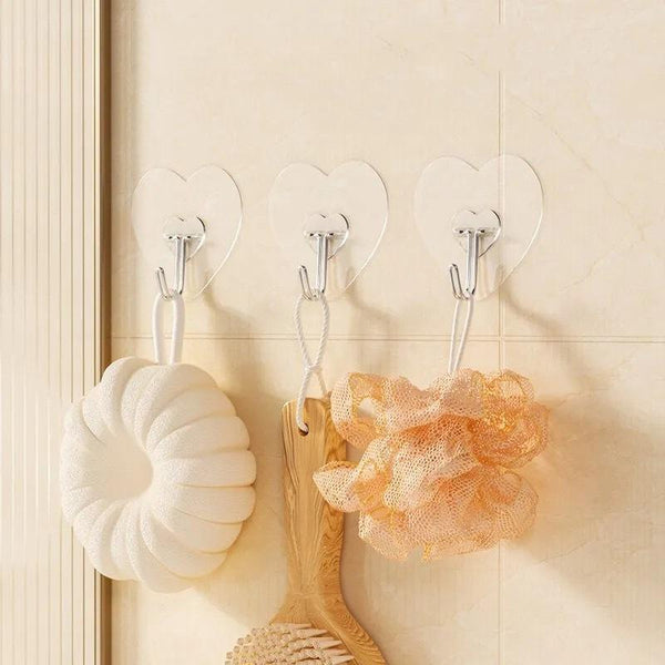10pcs Transparent Self Adhesive Heart-shaped Hooks Door Wall Multi-Function Key Storage Hanger