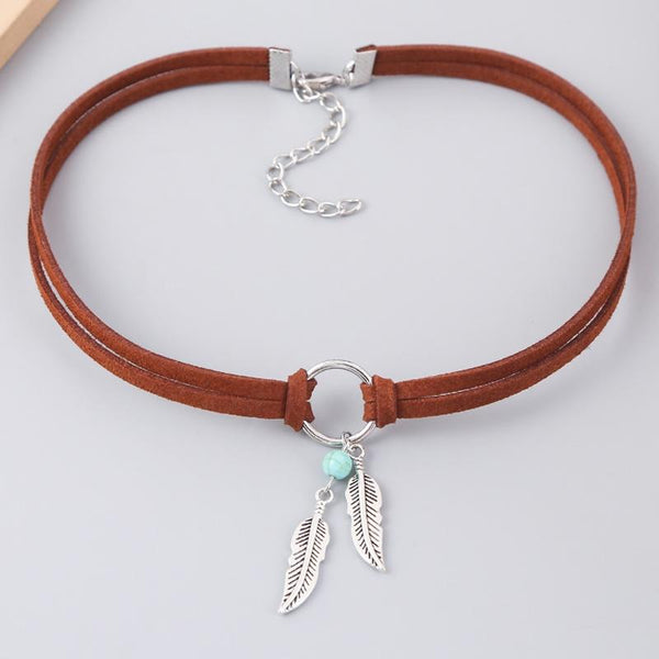 Bohemian Turquoise Natural Stone Sweater Vintage Pendant, Model: N211-12 Leaf Neck Chain