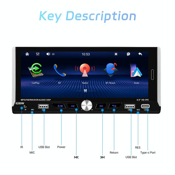 Single Spindle 6.9 inch MP5 With Knob Player Carplay Function Car MP4 Backup Camera, Specification: Standard