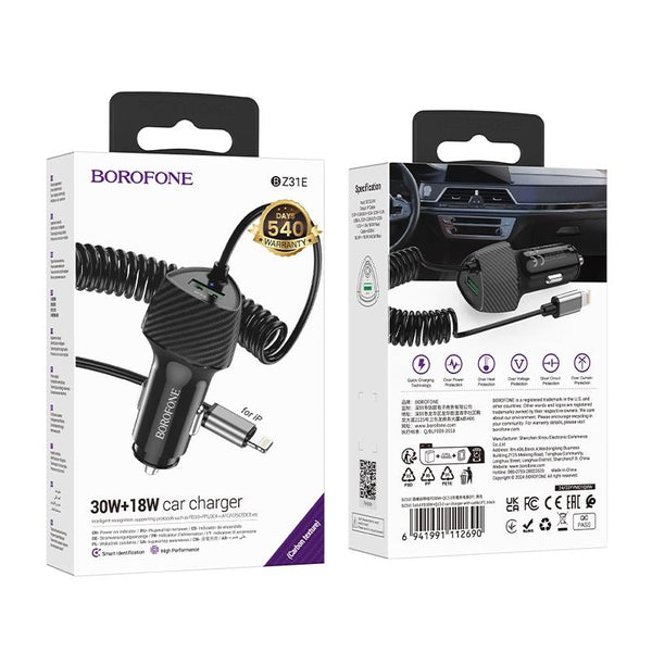 BOROFONE BZ31E Solid PD30W 8 Pin Cable + QC3.0 USB Port Car Charger(Black)